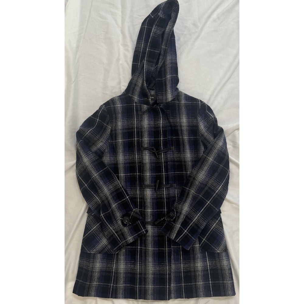 Jones New York  Hooded Pea Coat Zip Up Button Up Plaid Wool Coat Women's Size 10
